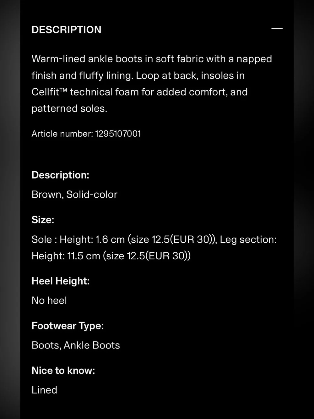 H&M Warm-Lined Ankle Boots Size 10T